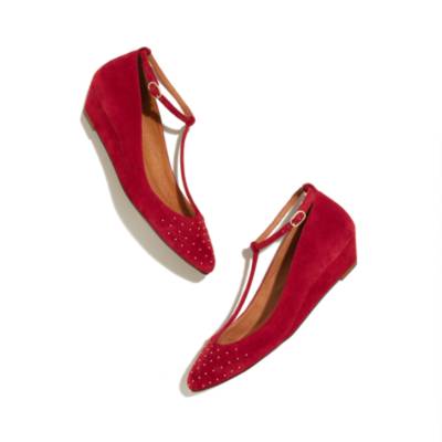 The T-Strap Mini Wedge in Studded suede