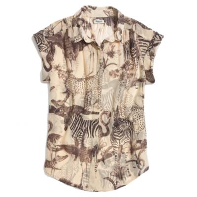 Silk Roll-Sleeve Top in Safari Sketch